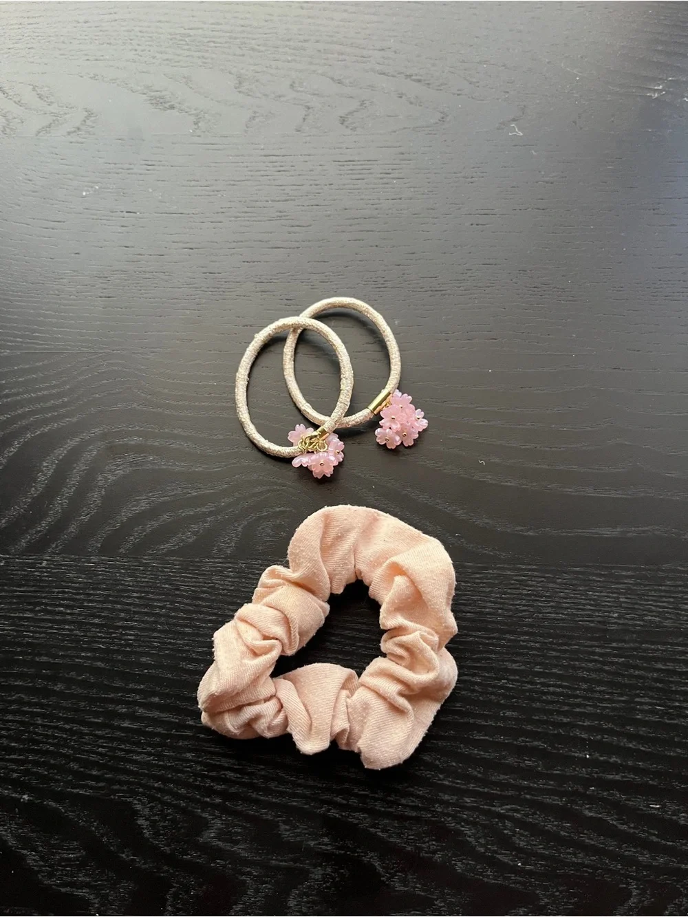 Pink Flower Elastic Hair Ties & Peach Scrunchie Set